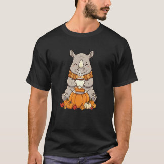 Camiseta Café Funny Rhino Outono Dia de Ação de Graças Mulh