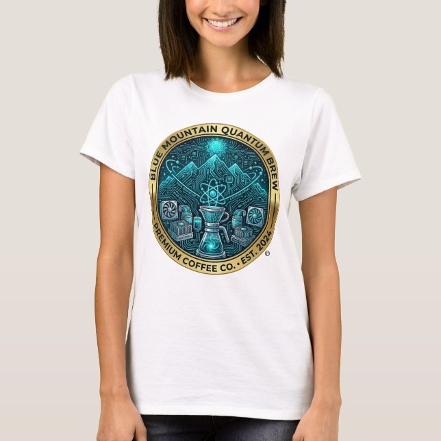 Camiseta Café Futurístico Blue Mountain Quantum Brew (Frente)