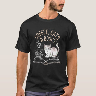 Camiseta Café Gatos & Livros Fofa Amante de Livros Divertid
