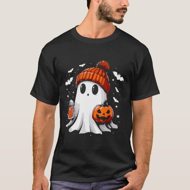 Camiseta Café Ghost Ghost Bebendo Bonito Café Halloween Caf (Frente)