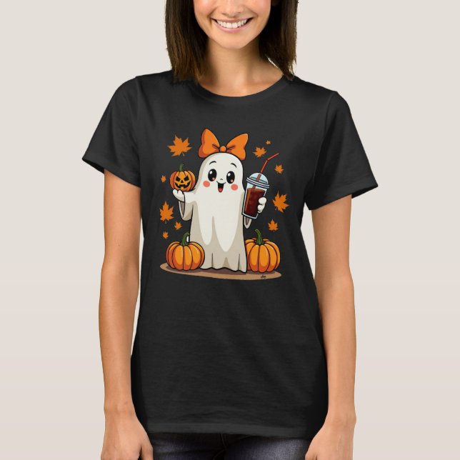 Camiseta Café Ghost Pumpkin Bonito Queda Vibes no Halloween (Frente)