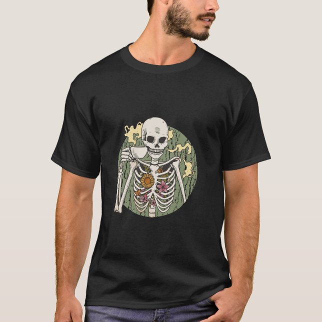 Camiseta Café Lover Skeleton Arte Floral (Frente)