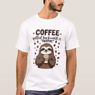 Camiseta Café Ortografado para Trás é eeffoC Caffeine Sloth