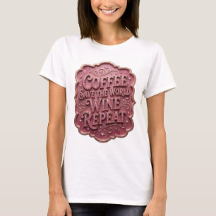 CAMISETA CAFÉ ROSA ICÔNICO SALVE O MUNDO VINHO REPITA