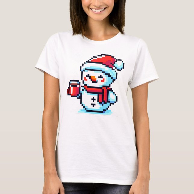 Camiseta Café Snowman - Design de Natal Cozy Pixel Art (Frente)