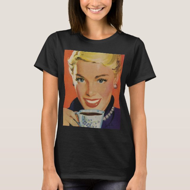 Camiseta Café Vintage, Mulher Feliz com Taça Retro Café (Frente)