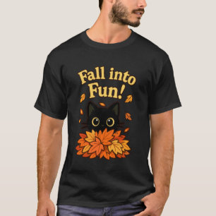 Camiseta Cair no Divertimento Gato Preto Folhas de Outono D