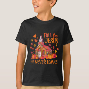 Camiseta Cair por Jesus Ele Nunca Deixa Igreja de Outono Ch