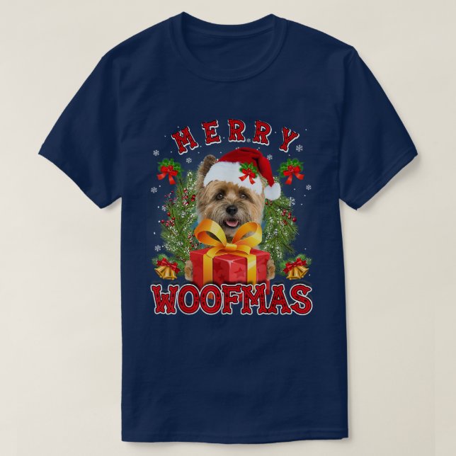 Camiseta Cairn Terrier Merry Xmas Woofmas Lights Papais noe (Frente do Design)