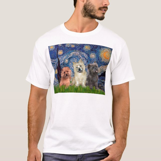 Camiseta Cairn Terriers (três) - Noite Estrelada (Frente)