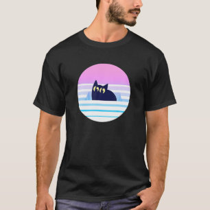 Camiseta Caixa De Círculo De Gato Preto Azul Cor-De-Rosa,