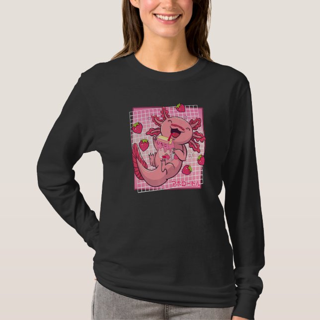 Camiseta Caixa de Milk Shake de Morango de Axolote Menina J (Frente)