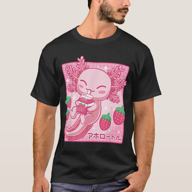 Camiseta Caixa de Milk Shake de Morango Kawaii Axolotl Japo (Frente)