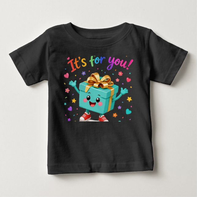 Camiseta Caixa de Presente Azul Turquesa Fofa e Feliz Surpr (Frente)