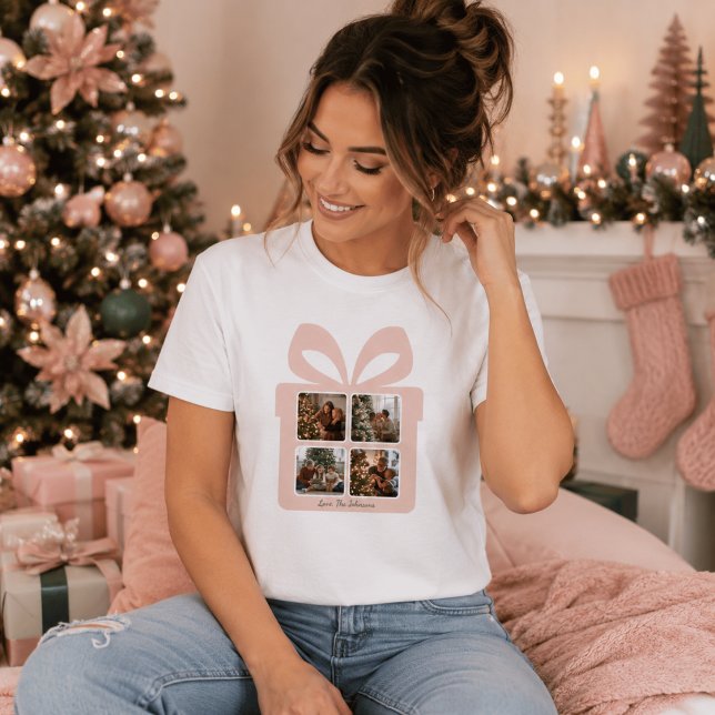 Camiseta Caixa de Presente de Foto de Natal Rosa Moderna Pe (Criador carregado)
