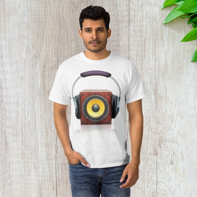 Camiseta Caixa de Som de Madeira Moderna com Música de Fone (Criador carregado)
