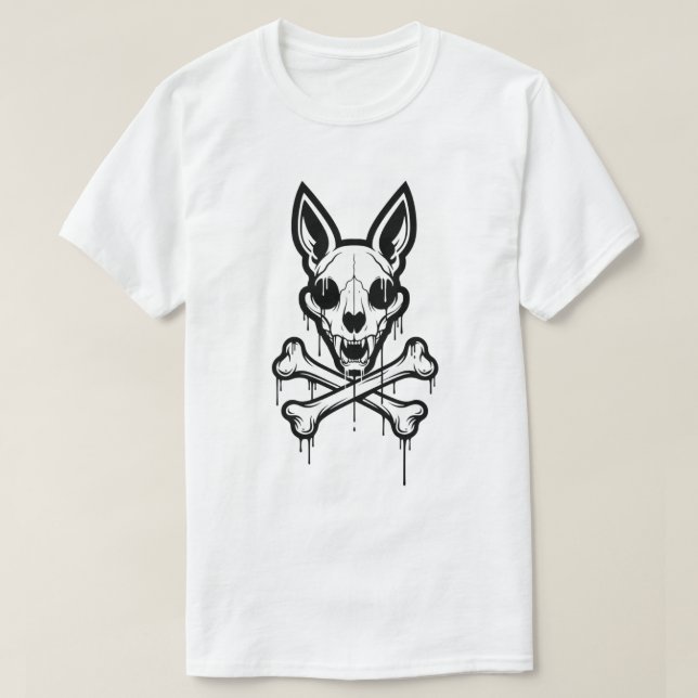 Camiseta Calavera Gótica de Perro / Zorro con Huesos Cruzad (Frente do Design)