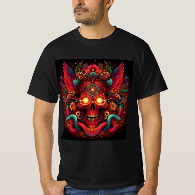 Camiseta Calavera Roja con Serpientes y Flores Místicas (Frente)