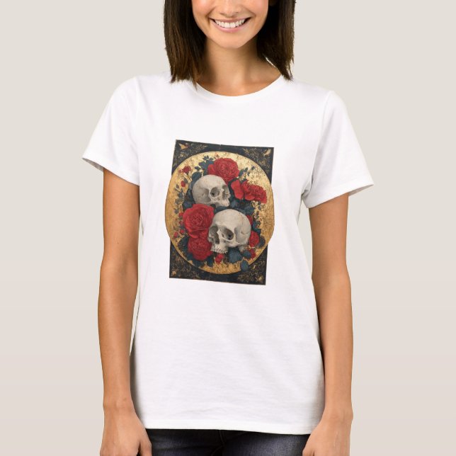 Camiseta Calaveras, oro y rosas (Frente)