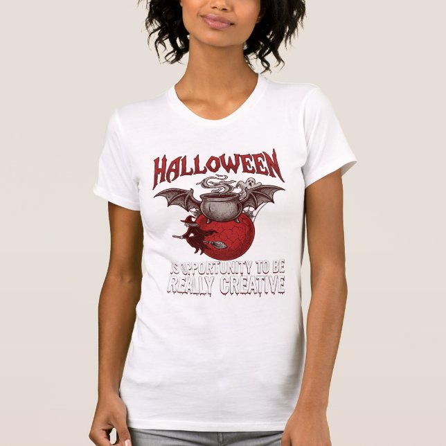 Camiseta Caldeirão Alado de Morcego de Halloween Bruxa Voad (Frente)