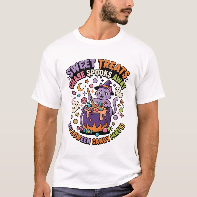 Camiseta Caldeirão de Doces de Halloween Assustadores (Frente)