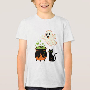 Camiseta Caldeirão de Halloween Vintage, Fantasma e Gato Pr