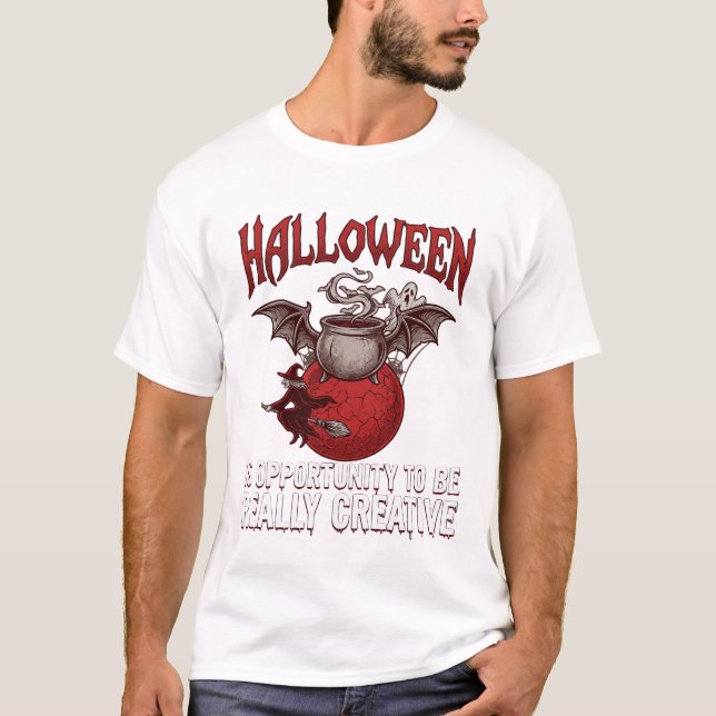 Camiseta Caldeirão Voador de Morcego de Halloween Bruxa Fan (Frente)
