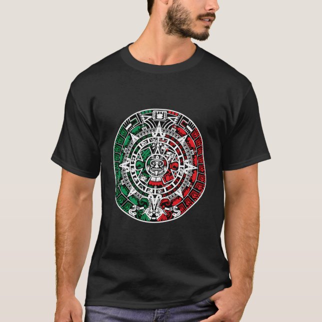 Camiseta Calendário Aztec Com Cores De Sinalizador Mexicano (Frente)
