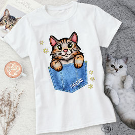 Camiseta Calico Cat no Faux Denim Pocket com Nome Personali