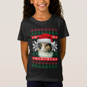 Camiseta Calico Cat Ugly Christmas Sweater Style Santa Hat