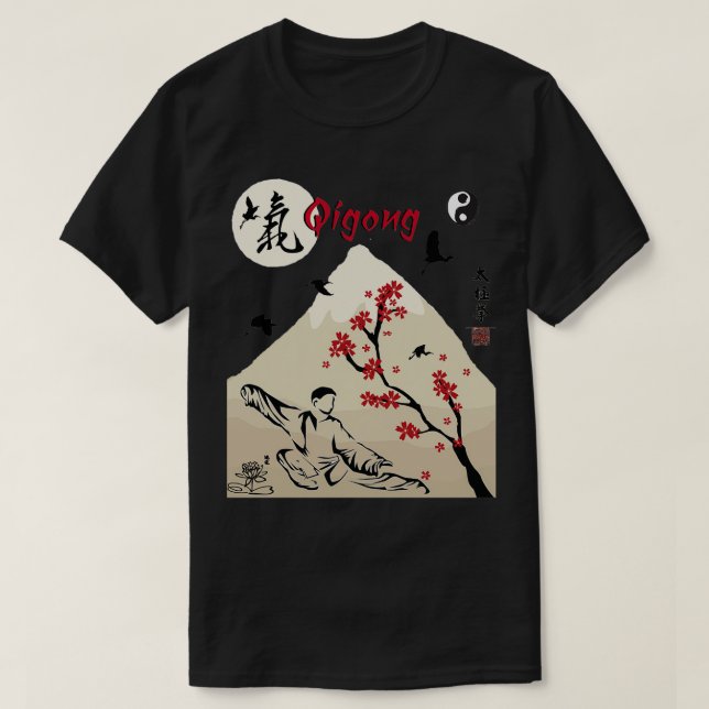 Camiseta caligrafia de Qigong para jardim, t para Tai Chi L (Frente do Design)