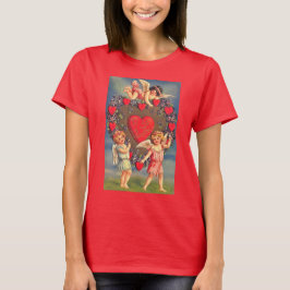 Camiseta Cama de Cupidos e Corações Vermelhos de Dia dos Na