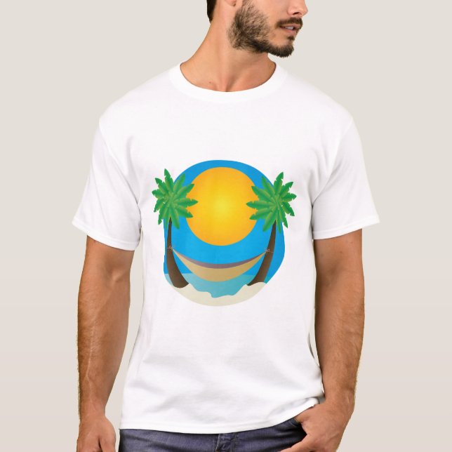 Camiseta Cama de Rede com Palmeiras na Praia (Frente)
