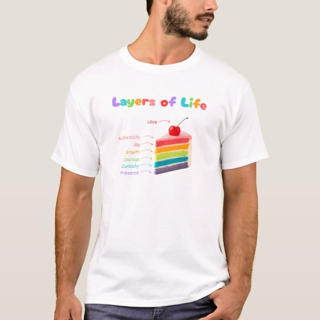 Camiseta Camadas de Vida - Bolo Arco-Íris de Crescimento e  (Frente)