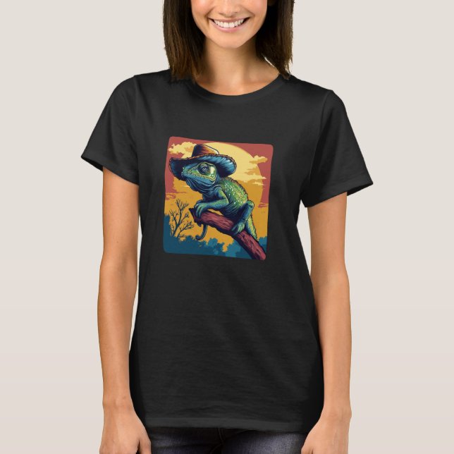 Camiseta Camaleão Engraçado com Visual de Cowboy (Frente)