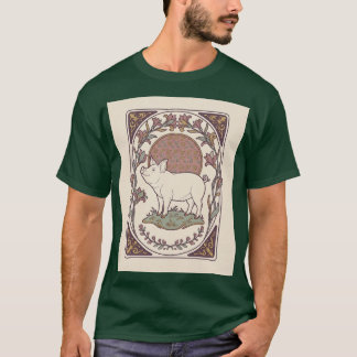 Camiseta Camélia e Papoula Porco Art Nouveau Moldura Chá-Ta