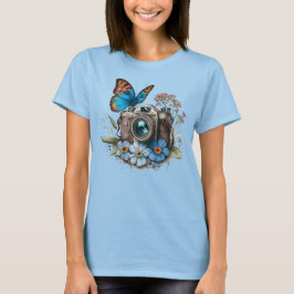 Camiseta Câmera, borboleta e flores de 35 mm