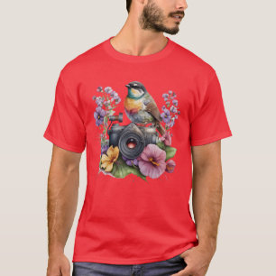 Camiseta Câmera Floral De Aquarela Com Amigo De Pássaro