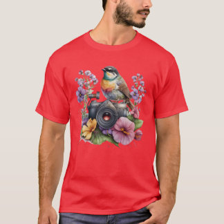 Camiseta Câmera Floral De Aquarela Com Amigo De Pássaro