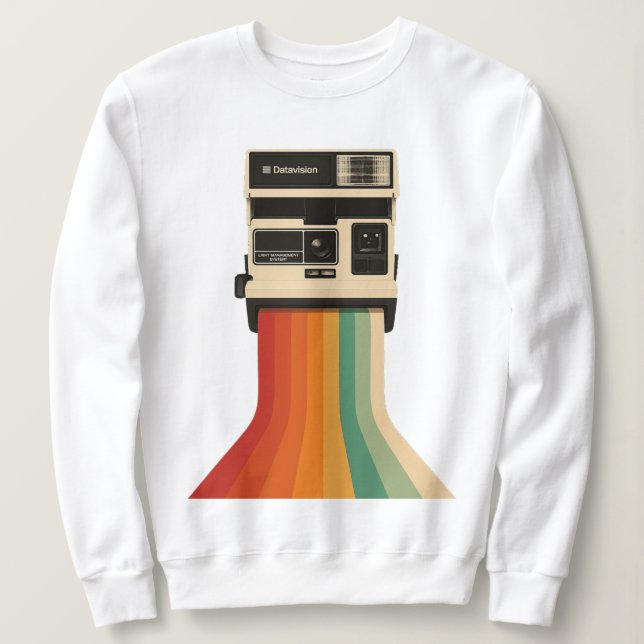 Camiseta Câmera Retro com Impressão de Arco-íris (Frente do Design)