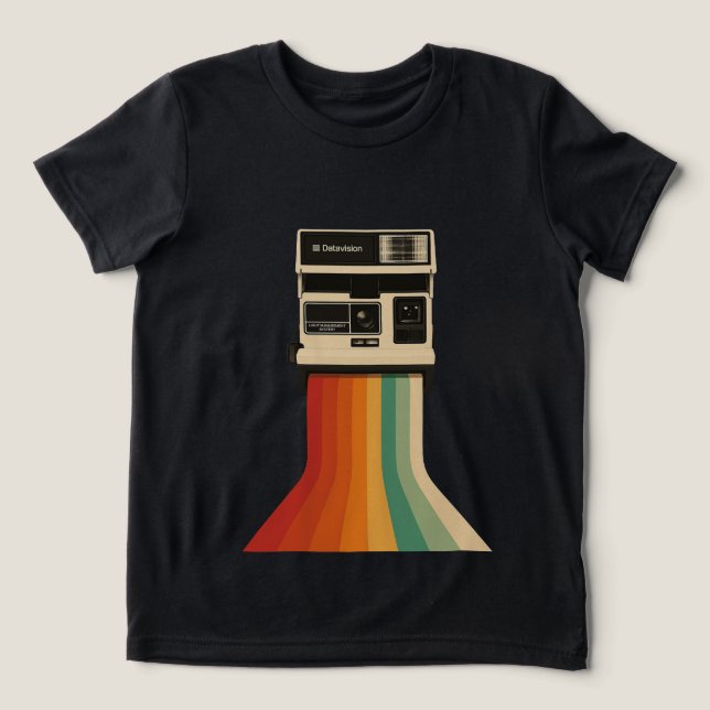 Camiseta Câmera Retro com Impressão de Arco-Íris (Design frontal)