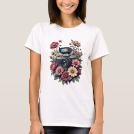 Camiseta Câmera Retro e Arte Floral