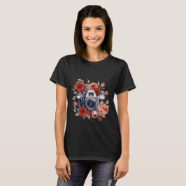 Camiseta Câmera Vintage com Rosa vermelha | Fotografia Flor
