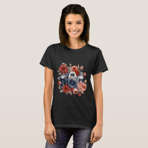 Camiseta Câmera Vintage com Rosa vermelha Fotografia Flor