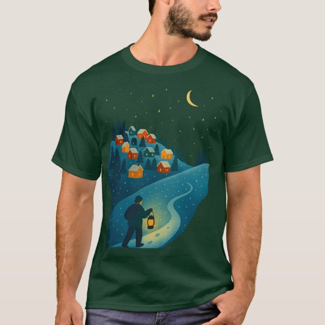 Camiseta Caminhada Noturna com Lanterna na Vila de Inverno  (Frente)