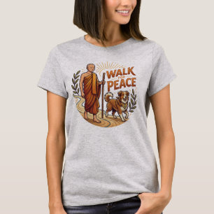 Camiseta Caminhada pela Paz, Monge Budista Vintage e Cachor