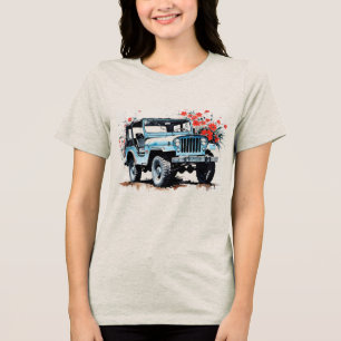 Camiseta Caminhão Azul Antigo 4x4 Off Road com Flores