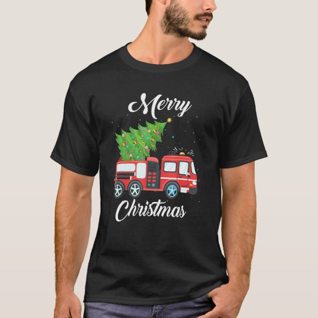 Camiseta Caminhão de Bombeiros Árvore de Natal Bombeiro (Frente)
