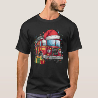 Camiseta Caminhão de Bombeiros Chapéu de Natal Luzes Caminh