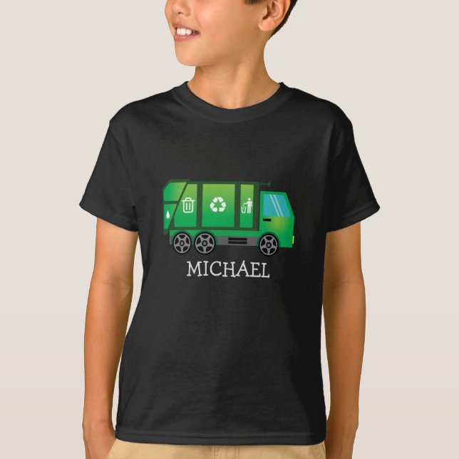 Camiseta Caminhão de Lixo Verde/Reciclar com Nome de Crianç (Frente)